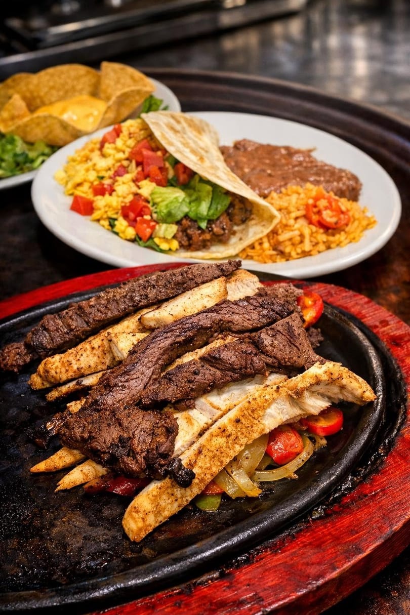 Sizzling fajitas with steak and chicken, alongside a taco, rice, beans, and nachos.